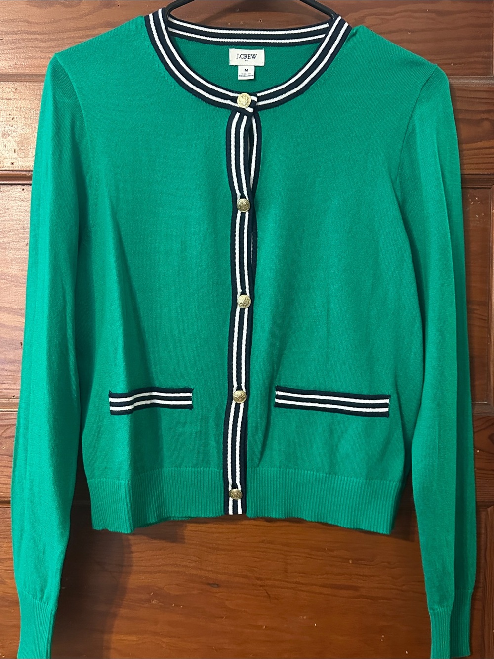 J. Crew Emerald Green Crewneck Button-Front Cardigan with Navy Trim
